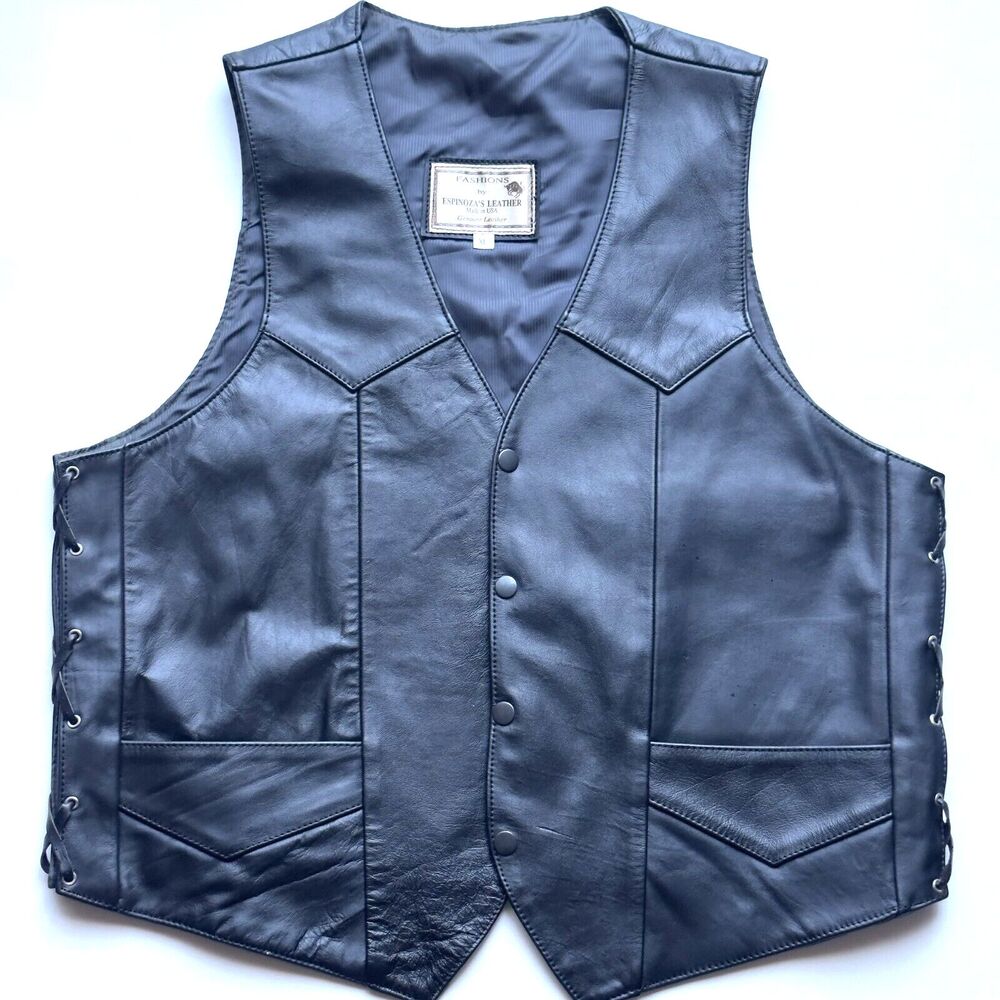 Espinoza's Leather Vest Mens Size XL Black Motorcycle Biker Sleeveless Pockets